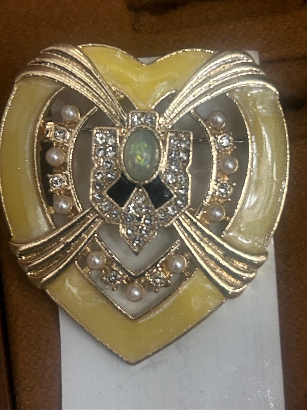 Gold-Tone Yellow Heart Brooch with Pearls and Crystals